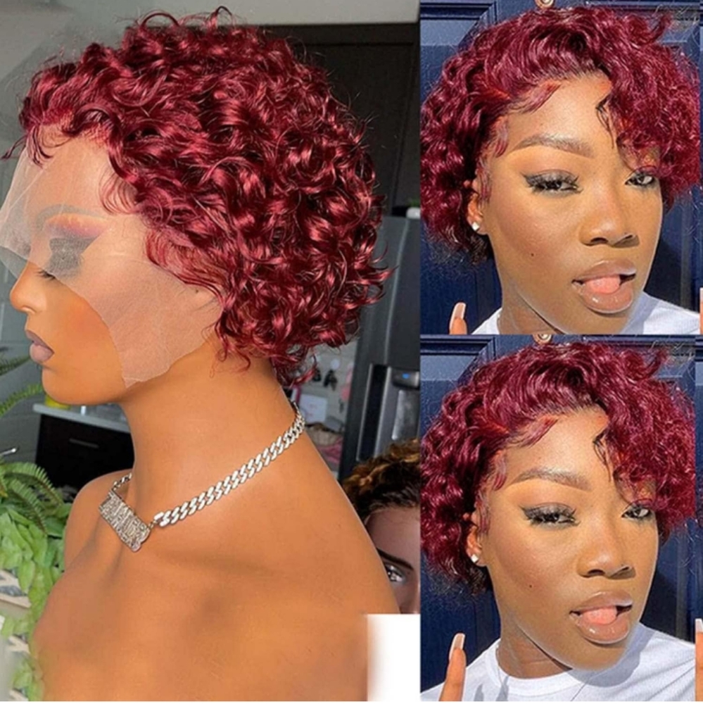 6 inch Burgundy Curly Pixie 13*1 Lace frontal Human Hair Wig